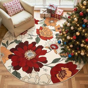 jinchan Lora Round Rug 7ft Vintage Floral Area Rugs for Living Room - Washable Rug Soft Non-Slip Indoor Boho Flower Print Circle 7' Round Accent Christmas Carpet for Dining Room Bedroom Cream