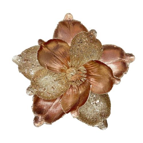FOERPL 10 Pcs Large Christmas Flowers, Glitter Christmas Flowers 10in Brown Artificial Magnolia Flower Ornaments Fold Floral for Christmas Tree Decorations Xmas Tree New Year Party Wedding Centerpiece