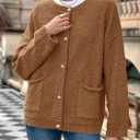 Saodimallsu Women's Chunky Knit Cardigan Button Down Crewneck Long Sleeve Cropped Sweater with Pockets (Brown, L)