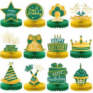 Sabary 12 Pcs Green Gold Happy Birthday Decoration Gold Honeycomb Centerpieces Party Supplies Balloon Crown Paper Table Decorations Royal Table Centerpieces for Men Women Party