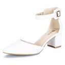 IDIFU Women's IN2 Pedazo Dress Shoes Low Block Heels Comfortable Chunky Closed Toe Ankle Strap Wedding Pumps(White Pu, 7 B(M) US)