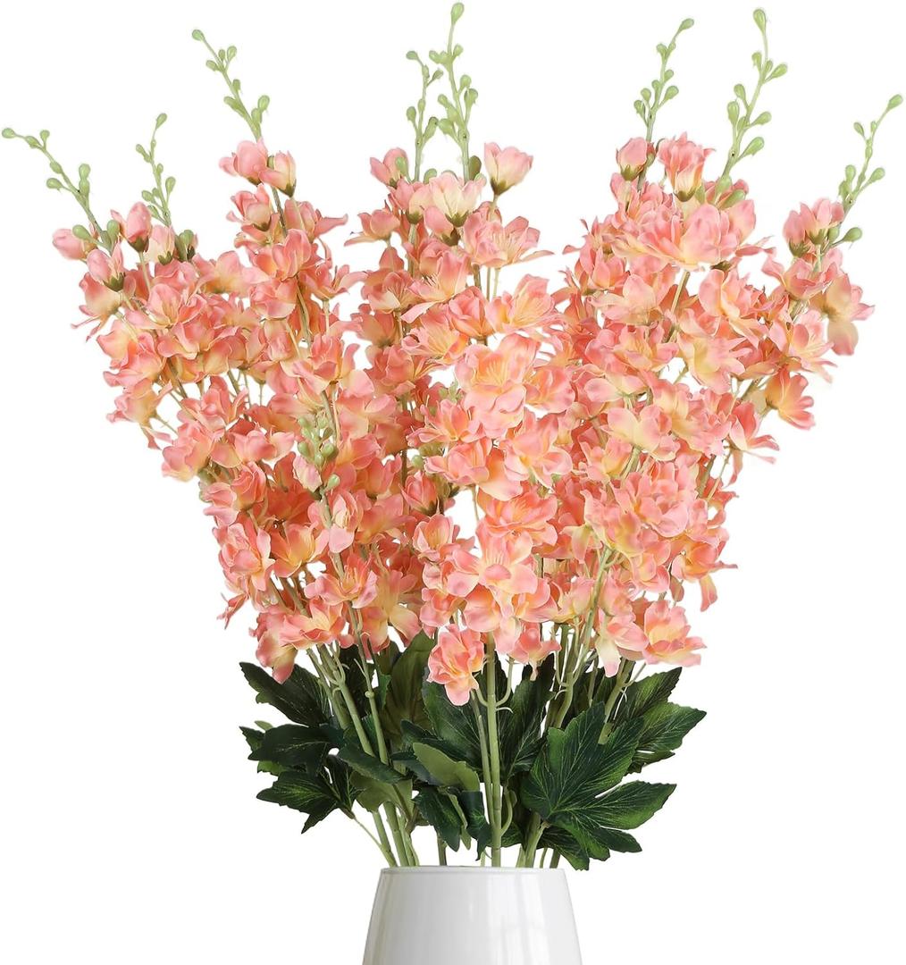 Delphinium Artificial Flowers,8PCS Long Stem Silk Larkspur Flowers 33.5'' Faux Delphinium Stems for Tall Vase Home Wedding Table Decor(Coral