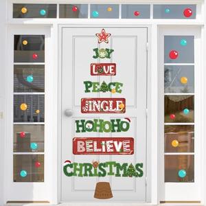 Merry Christmas Tree Window Door Clings Stickers,Xmas Quotes Wall Decals,Christmas Bulletin Board Decoration Stickers Kit,Joy Love Peace Garage Door Porch Decor for Holiday