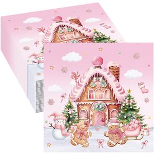 80 Pcs Christmas Pink Gingerbread House Paper Napkins Snowman Gingerbread Man Xmas Tree Happy Birthday Disposable Napkins Merry Christmas Party Table Decorations Supplies