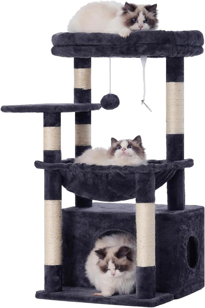 Heybly Cat Tree, Kitten Tower with Large Soft Cat Basket, Cat Condo with Spacious Cat Bed Cave with Hidden Space, Sisal-Covered Scratching Posts, Dangling Ball for Indoor Cats, Smoky Gray HCT008SG (32 inch)