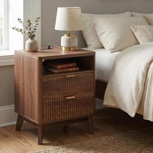 LYNCOHOME Fluted Nightstand with Charging Station, 19.7 inch Wide End Table with 2 Drawers, Modern Wood Bedside Table for Bedroom,Brown,1 Pcs