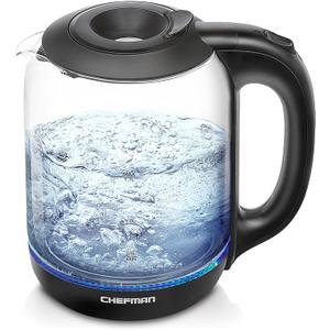 Chefman 1.7 Liter Electric Glass Tea Kettle, Fast Hot Water Boiler, One Touch Operation, Boils 7 Cups, Swivel Base & Cordless Pouring, Auto ShutOff