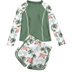 Vogseek Girls Rash Guard Swimsuits 2 Piece Bathing Suit UPF 50+ Summer Swimwear (11-12 Years, A Green Red)