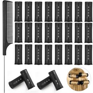 Chuangdi 24 Pcs Hair Perm Rods Plastic Cold Wave Perming Curlers Hair Rollers with Steel Pintail Comb Rat Tail Comb Tools for Hairdressing Styling(Black,1.18 Inches)