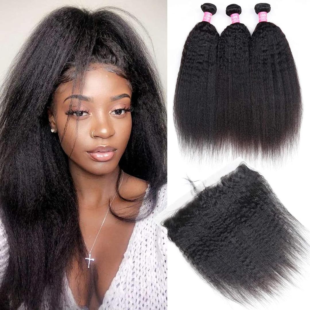 Odir Kinky Straight Bundles With Frontal Brazilian Human Hair 14 16 18+12 Inch Unprocessed 9A Yaki Straight Virgin Hair 3 Bundles With 13x4 Lace Frontal Ear to Ear Remy Hair Extensions Natural Color