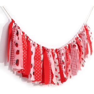 Strawberry Theme Birthday Banner/Garland - Strawberry Decorations Banner For Baby Shower,Berry Fabric First Birthday High Chair Bunting For Boy,Wall Hanging, Nursery Decor
