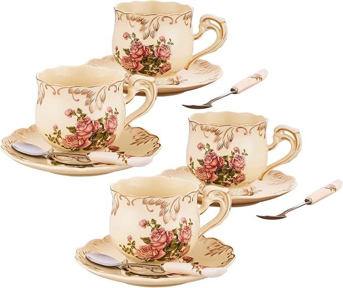 CHILDIKE Tea Cups and Saucers Set of 4, 8 Oz Ivory Rose Floral Porcelain Teacup and Saucer Set with Gold Trim, Vintage Tea Cups with Spoon, European Style (Pink Rose)