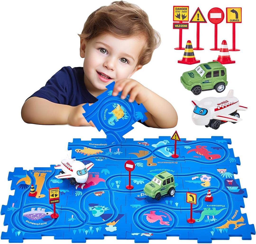 hahaland Puzzle Racer Kids Car Track Set-3 Year Old Boy Toys Dinosaur Jigsaw Puzzle Track Car PlaySet Kids 3-5 Car & Airplane Children's Educational Puzzle Track Car Learning Toys Birthday Day Gifts