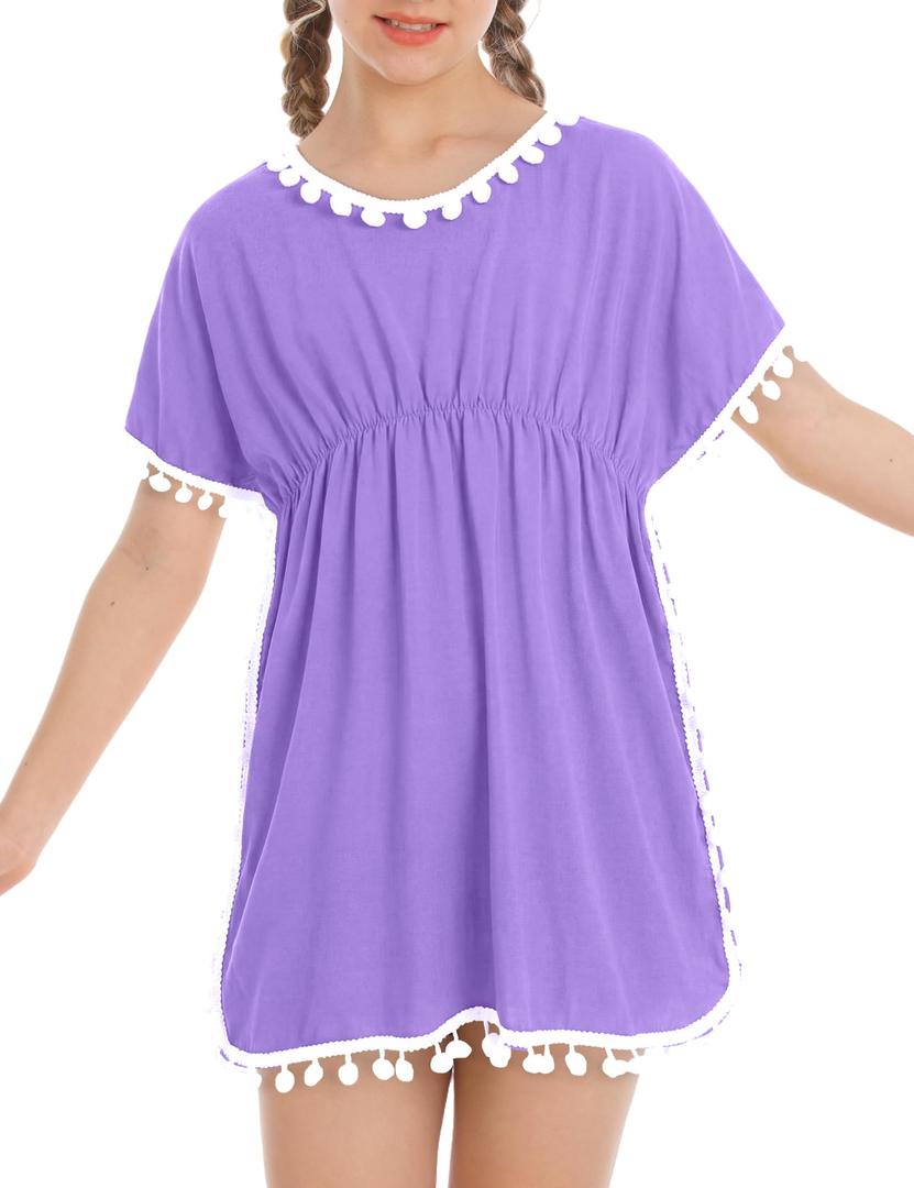 Girls Swimsuit Cover Up Purple Bating Suits Size 5-6 Years Old Short Sleeve Pool Beach Coverup