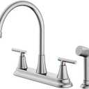 HURRAN 2-Handle Kitchen Faucet with Pull-Out Side Sprayer, 8 Inch High Arch Stainless Steel 360Rotating Kitchen Sink Faucet, 4 Hole Faucet for Kitchen Bar Rv Camper, Nickel