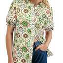 GRACE KARIN Women Boho Floral Tops, Summer Short Eyelet Sleeve Dressy Casual Shirts, Spring Button Down Blouse 2026 Trendy Green XX-Large