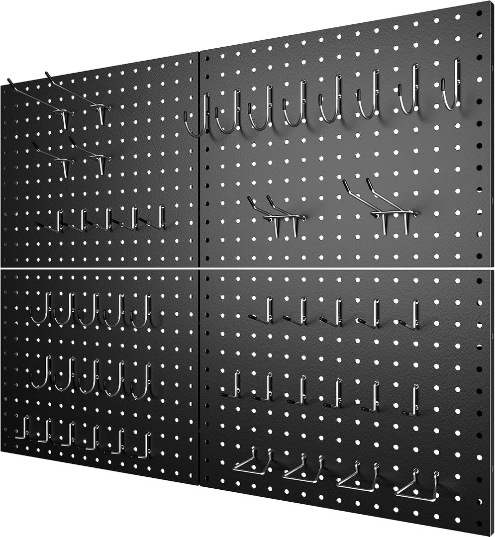 4 Pack Metal Pegboard Panels with 50 Hooks, Black Pegboard Wall Organizer, Pegboard Accessories, Heavy Duty Garage Tool Storage System for Workbench, Workshop, Office, Craft Room