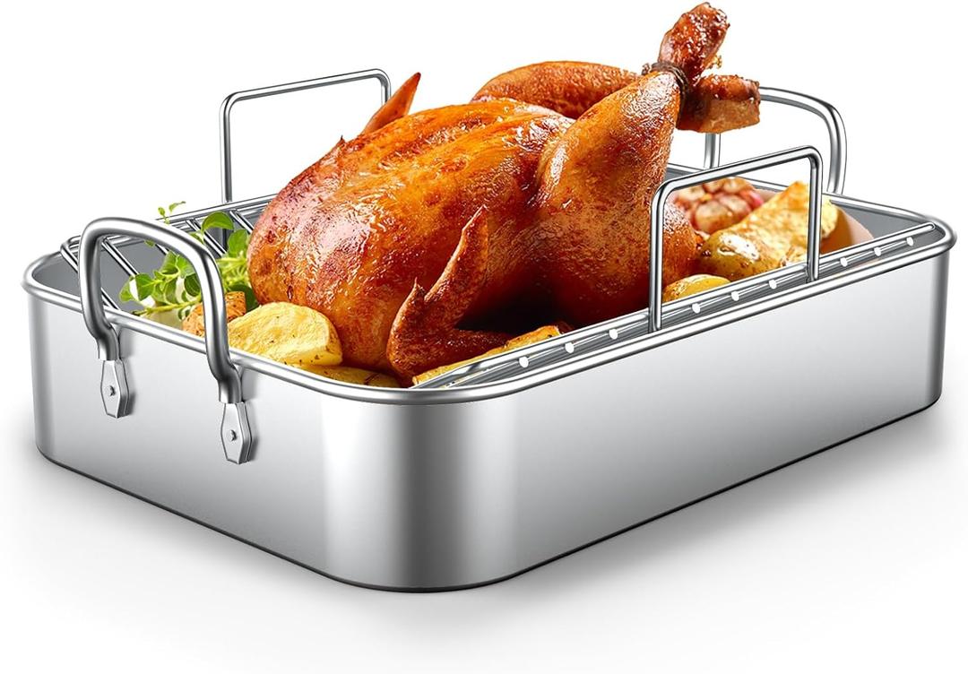 EWFEN Roasting Pan,17*13'' Stainless Steel Turkey Roaster with Rack - Deep Broiling Pan & V-shaped Rack & Flat Rack,Non-toxic & Heavy Duty,Great for Thanksgiving Christmas Roast Chicken Meat Lasagna