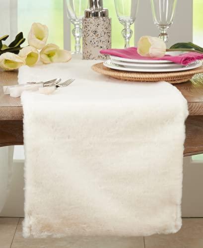 Fennco Styles Modern Solid Faux Rabbit Fur Table Runner 12" W x 60" L – Ivory Plush Table Cover for Dining Room, Banquets, Family Gatherings, Holidays, Special Events and Home Décor