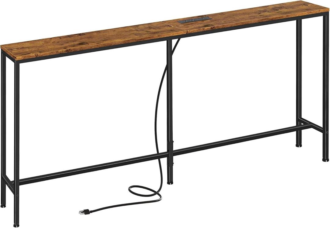 SUPERJARE 70 Inch Console Table with Outlet, Sofa Table with Charging Station, Narrow Entryway Table, Skinny Hallway Table, for Living Room, Rustic Brown (7.9"D x 70.8"W x 31.5"H)