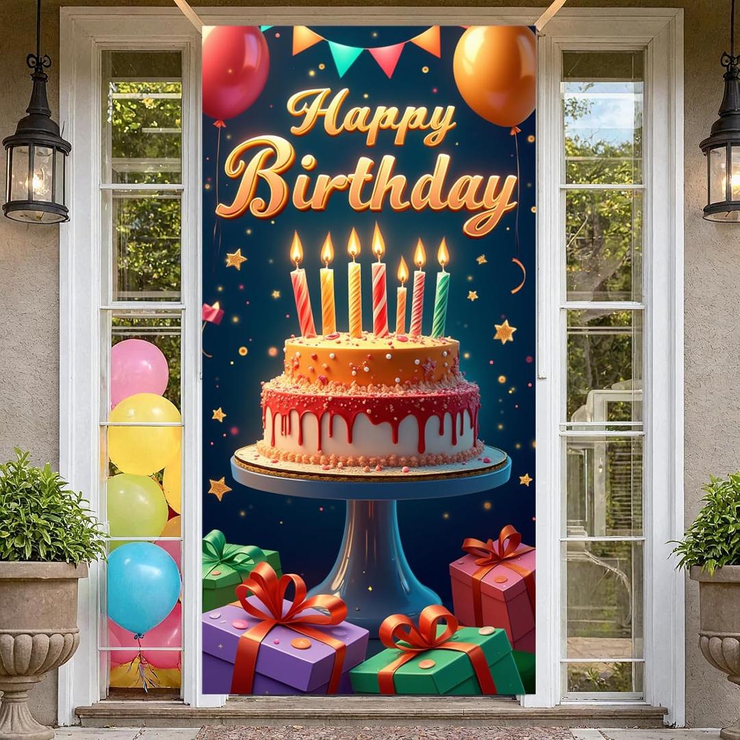 Colorful Happy Birthday Door Decorations Cover Banner Sign with Cake Gift Box Design Birthday Backdrop for Birthday Party Decor Supplies Decorations Background Photography Celebration
