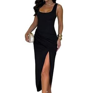 Ninimour Maxi Dresses for Women Summer Sleeveless Square Neck Thick Suspender Backless Front Slit Wedding Guest Dress-bk-S Black