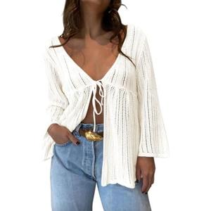 Saodimallsu Womens Summer Lightweight Tie Front Cardigans Crochet Knit Long Bell Sleeve Casual V Neck Beach Cover Ups, XL