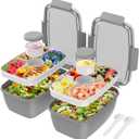 Cherrysea 2Pack Salad Lunch Container, 68oz Salad Bowls with 4 Compartments Tray,Leak Proof Lunch Box with Fork for Men,Women BPA-Free Snack Container with Sauce Container for Dressings-Grey