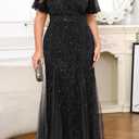 Plus Size Formal Dress - Evening Gowns Wedding Guest Mother of The Bride Sequin Lace Mermaid Tulle Hem Prom Long Dress (Black, XL)