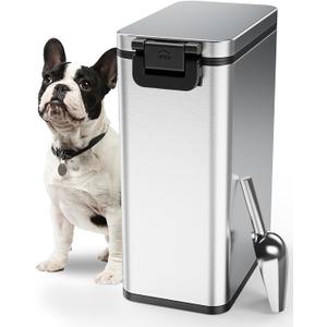 Courpal Stainless Steel Dog Food Storage Container - 20 LB / 15 LB Dry Pet Food Container with Lids Airtight for Cat Dog Bird - 15L / 4 Gal Stackable Metal Large Sealed Animal Food Bin with Scoop (Silver)