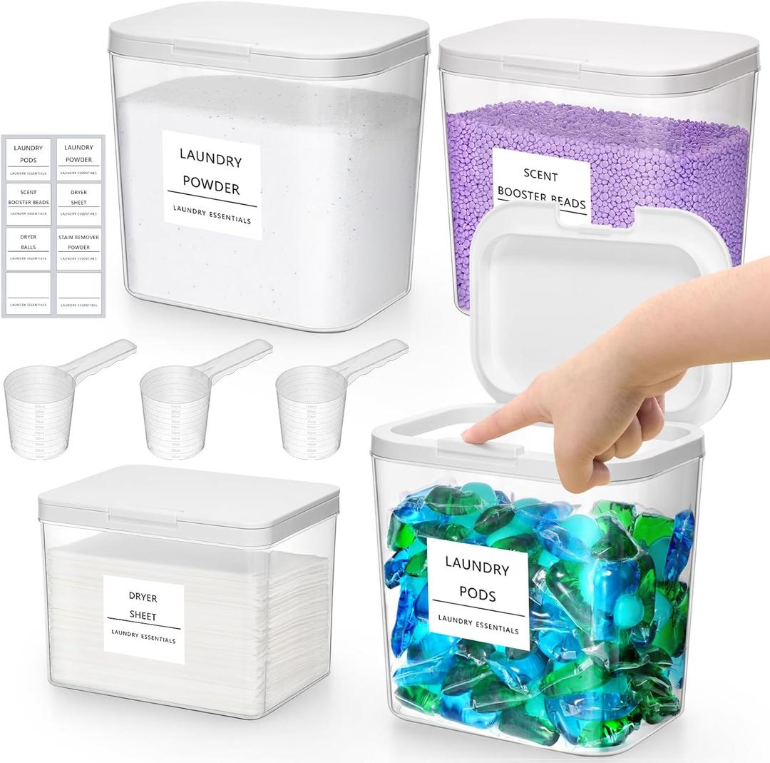 Lifewit 3+1 Laundry Pods Container & Dryer Sheet Holder, Large Powder Detergent Dispenser Storage Jars, Laundry Room Containers for Scent Booster Beads with Pop up Lids, Labels and Scoop 