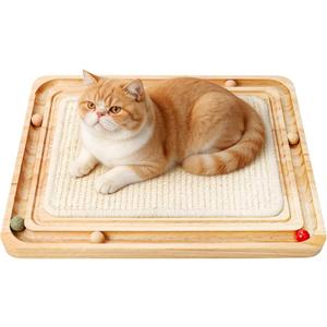 Cat Scratching Pad with Ball Track Toy Interactive Cat Scratcher Board with Rolling Balls Natural Wood Sisal Cat Scratch Pad for Indoor Cats
