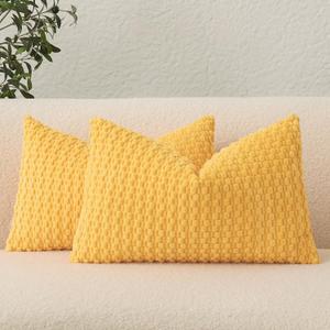 UGASA Velvet 12x20 Inch Lumbar Throw Pillow Cover, Both Sides Corduroy Striped, Soft Solid Decorative Rectangular Cushion Case for Couch/Bedroom/Car, 2 Pieces, Sunflower Yellow