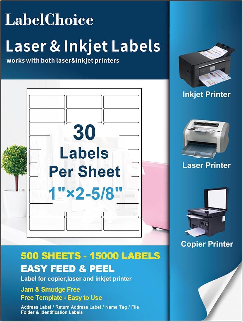 500 Sheets 15000 Pcs 30 Up Labels 1" x2-5/8 Shipping Address Labels for Laser & Inkjet Printers, Mailing Labels 30 per Sheet Return Address Stickers, 30 per Page on US Letter