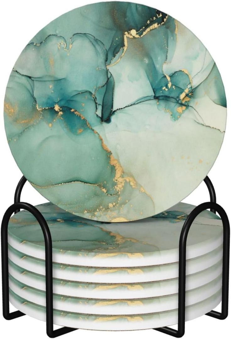 6 Pcs Ceramic Coasters with Holder Absorbent Drink Round Blue Green Jade Texture Marble with Golden Design for Home Table Coffee Cup Beer Bar,Size 4.4 inches