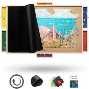 1000 Rotating Puzzle Board Pro, with 6 Drawers, Rubber Cover Mat, 29" x 21", 360 Lasy Susan, Sort-Wise Colorful Felt Drawers & Trays, Jigsaw Puzzle Table, Birthday Gifts for Mom