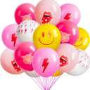 50Pcs Preppy Y2k Hot Pink Party Balloons Smile Face Lightning 12inch Latex Balloon with Ribbon Retro Decoration Supplies for Teen Girls Birthday Bachelorette Early 2000s Theme Party