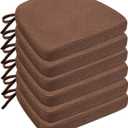 Sunsleek Chair Cushions for Dining Chairs, D-Shaped Seat Cushions with Removable Washable Cover and Ties, Chair Pads for Kitchen, Indoor Dining Room, Patio Chairs, 17'' x 16'', Set of 6, Brown
