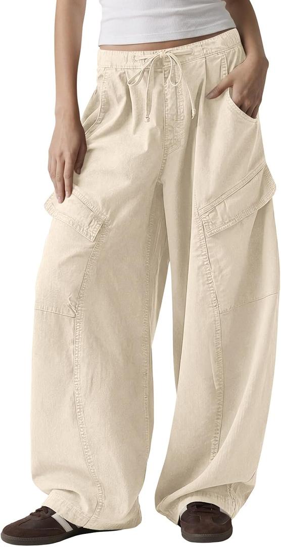 Fisoew Womens Barrel Baggy Cargo Pants Elastic Waist Wide Leg Casual Pants Y2K Streetwear with Multi Pockets 2026