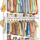 Sakugi Clothes Rack - Double Hanging Rod Clothing Rack with Wheels & Leveling Feet, Large Capacity Wardrobe Closet with Shelves for Bedroom, Laundry Room, Entryway, 45.2" x 12.6" x 80.7", White
