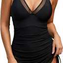 Women One Piece Swim Dress Tummy Control Slimming Swimsuit Mesh Sheer Ruched Drawstring Bathing Suit, Size XL