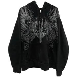 Streetwear Jacket Y2k Grunge Zip Up Hoodie Women Men Oversized Emo Goth 2000s Graphic Hoodie Baggy Sweatshirts (Black, M)