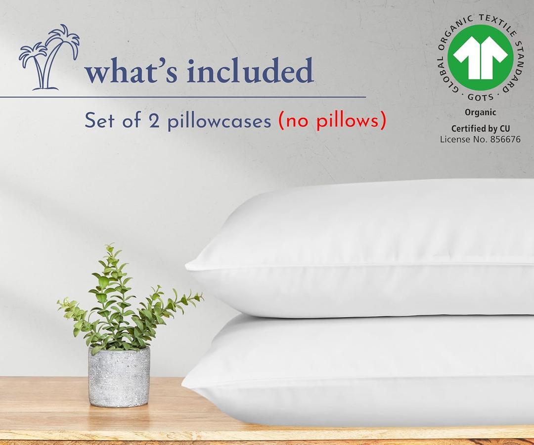 California Design Den 100% Organic Cotton Pillow Cases Queen/Standard Set of 2, Soft & Cooling Percale Weave Cotton Pillowcases (Bright White)