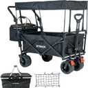 Collapsible Wagon Folding Garden Cart with Removable Canopy Utility Wagon Cart with All-Terrain Wheels Brake Beach Cart for Sand Heavy Duty Beach Wagon for Camping Shopping (Black)