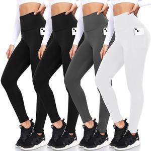 FULLSOFT 4 Pack Fleece Lined Leggings with Pockets for Women High Waisted Thermal Winter Warm Yoga Pants for Workout Running (Small-Medium, Black, Black, Dark Grey, White(4 Pack))