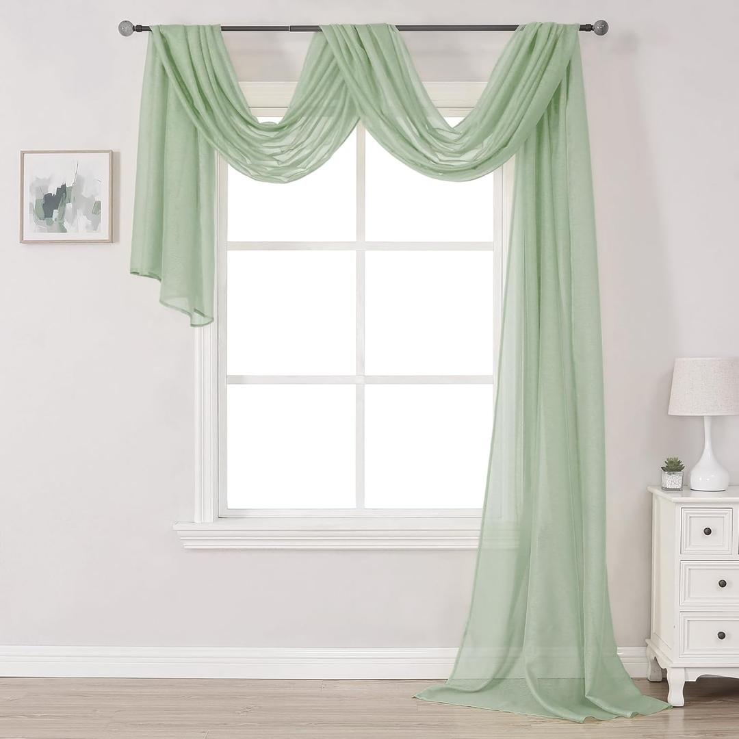 DONREN Sage Green Semi-Sheer Window Valance - Luxury Soft Scarf for Window Wedding Arch, Sheer Curtains (1 Panel, 52 x 216 Inch Length)