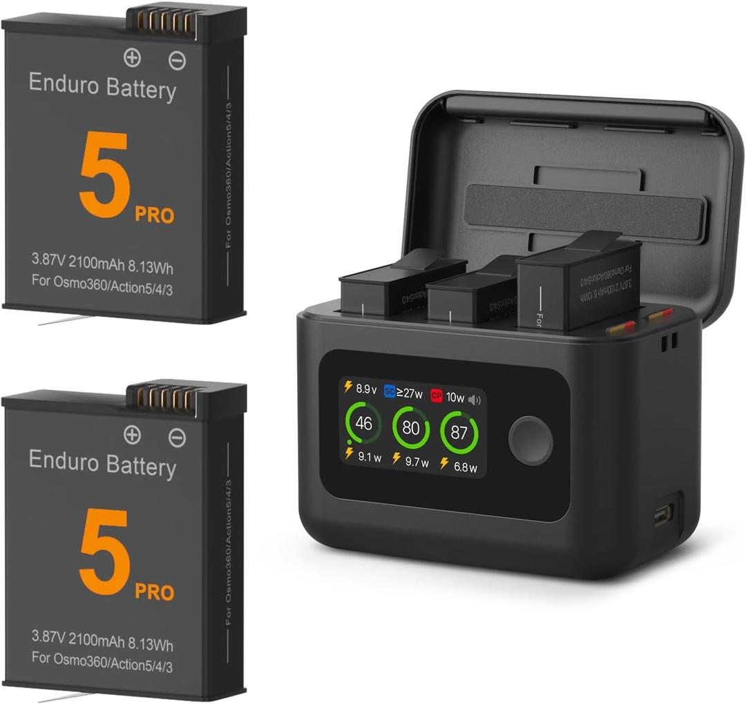 2100mAh Battery and Charger for DJI Osmo 360 / Action 5 Pro/Action 6, Color LCD Intelligent Two Way Charger Hub Triple Slot 27W PD Fast Charging Case for Osmo 360 Action 5 Pro 6 4 3 Accessory
