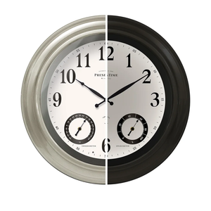 Presentime & Co 24" Jameson Illuminated in/Outdoor Clock, Modern Farmhouse, Self-Illuminated, Waterproof, Weather Station (Thermometer & Hygrometer), Metal Clock, Morning Silver. (Night Light)