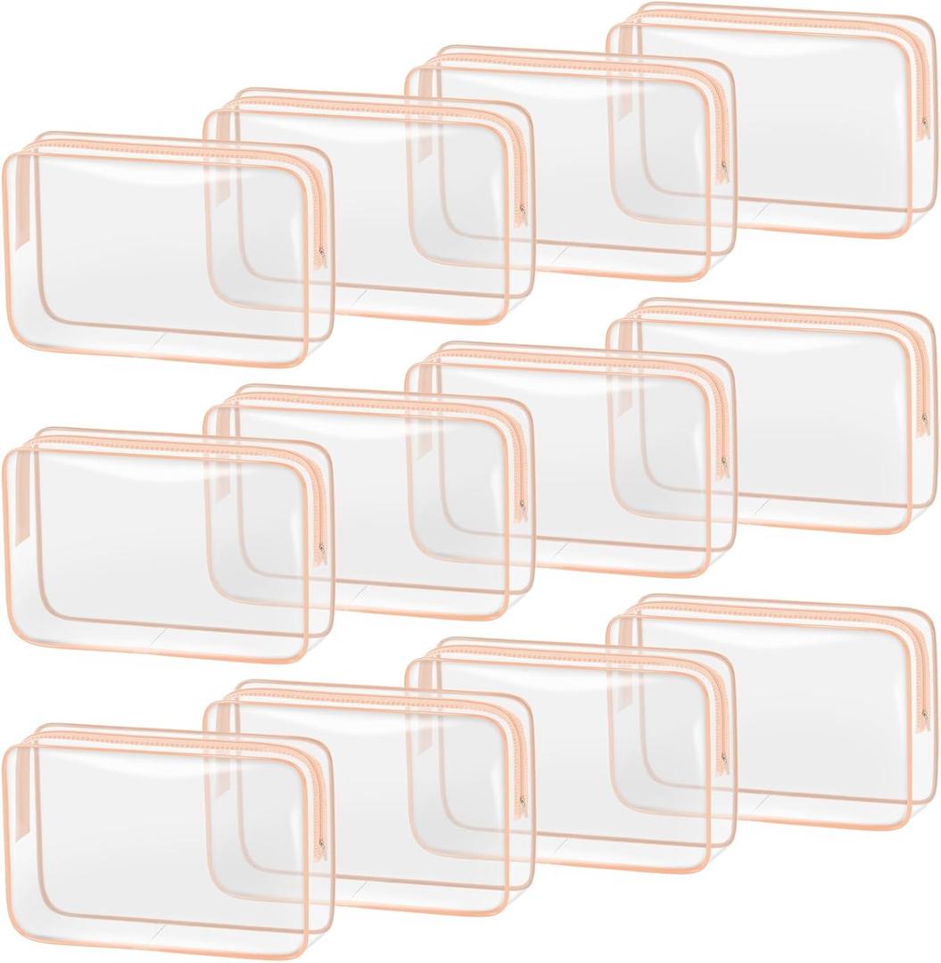 TISRATOK 12 PCS Clear Makeup Bag for Women with Zipper, TSA Approved Toiletry Pouch, Cosmetic Bag Bulk for Travel Organizer Essentials - Orange-pink, Large