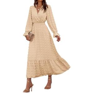 BTFBM Women Fall Maxi Dresses 2025 Long Sleeve V Neck Swiss Dots High Waisted A-Line Ruffle Boho Long Dress Vacation, Size M